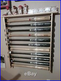 10 Bat Wood Baseball Bat Display Rack with Top Shelf, Bobbleheads