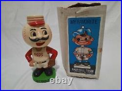 1960s Cincinnati Mr. Red Reds Baseball Bobbing Head Bobblehead Green Base w Box
