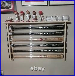 3 Bat Wood Baseball Bat Display Rack with Top Shelf, Bobbleheads