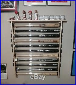 8 Bat Wood Baseball Bat Display Rack with Top Shelf, Bobbleheads